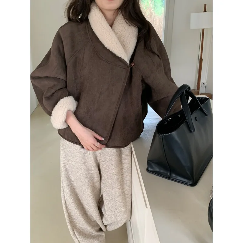 

Модное интегрированное замшевое пальто, женская свободная куртка с v-образным вырезом на одной пуговице и длинным рукавом, толстая куртка из овечьего меха, зима 202, новинка