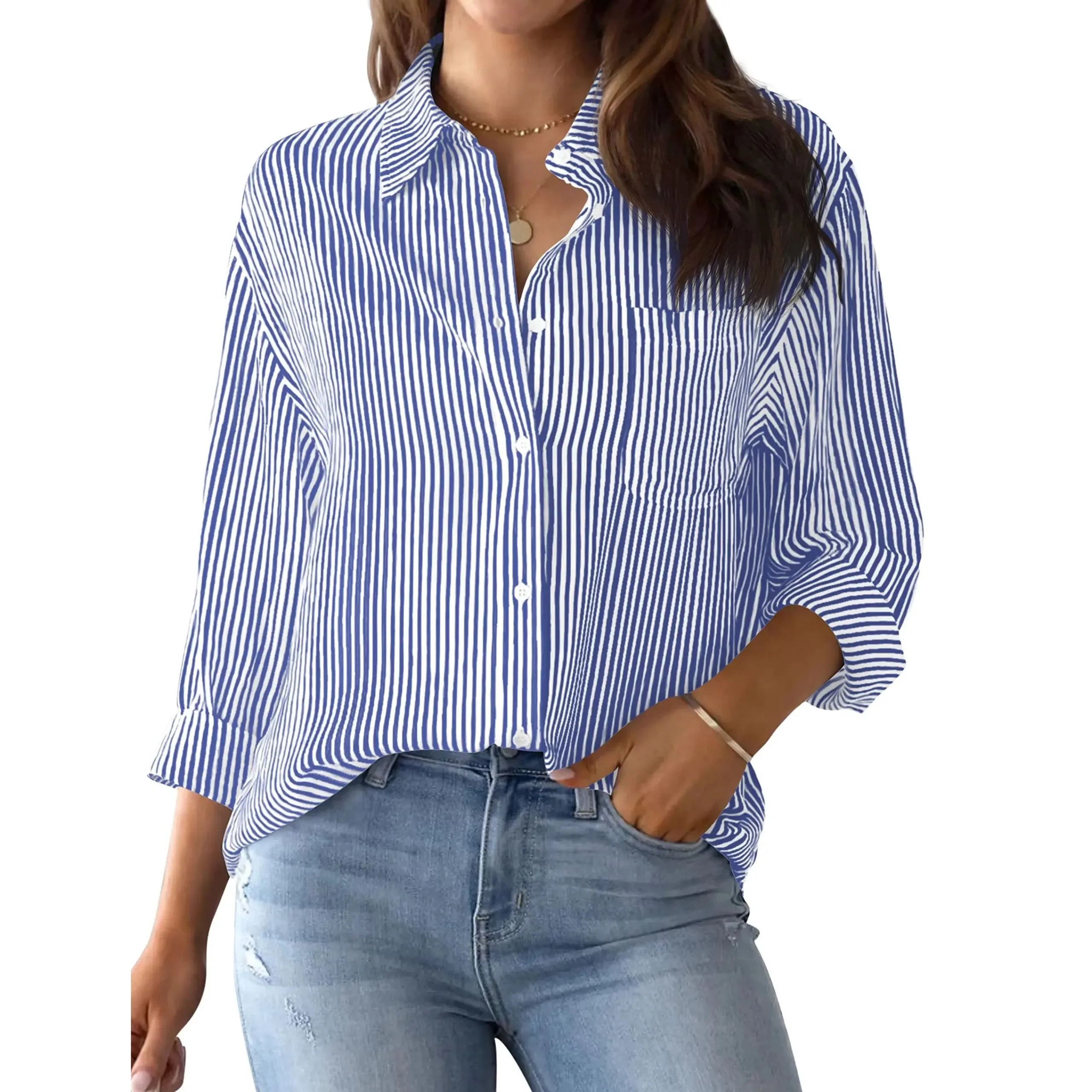 Blusa clásica con estampado a rayas para mujer, camisa básica de manga larga con botones, informal, ajustada, para uso diario y en la oficina, Tops de otoño, 2024