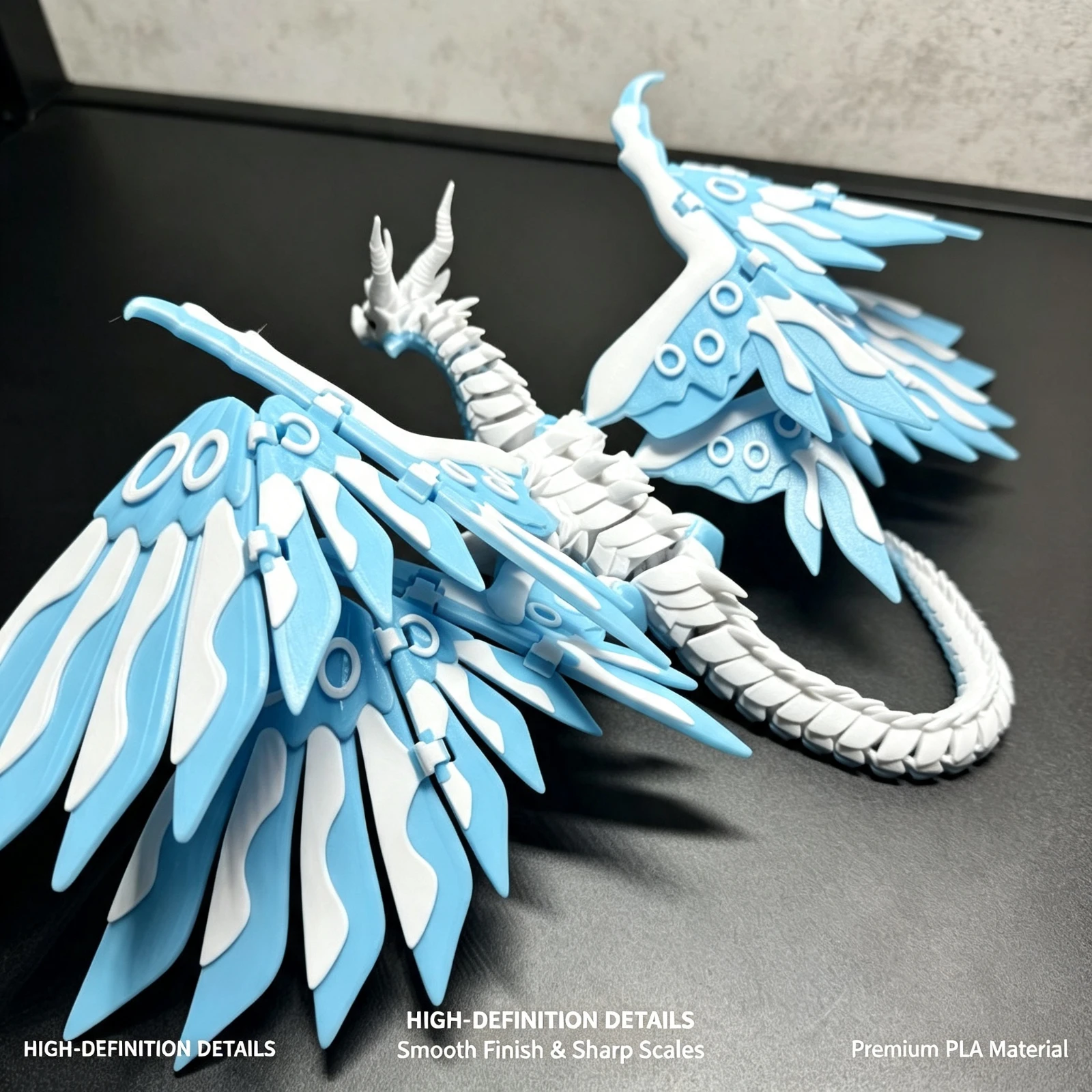 3D Printed Ice Wing Dragon Statue Dark Blue Fantasy Wyvern Figure Anime Desktop Ornament, Home Office Decor Gift