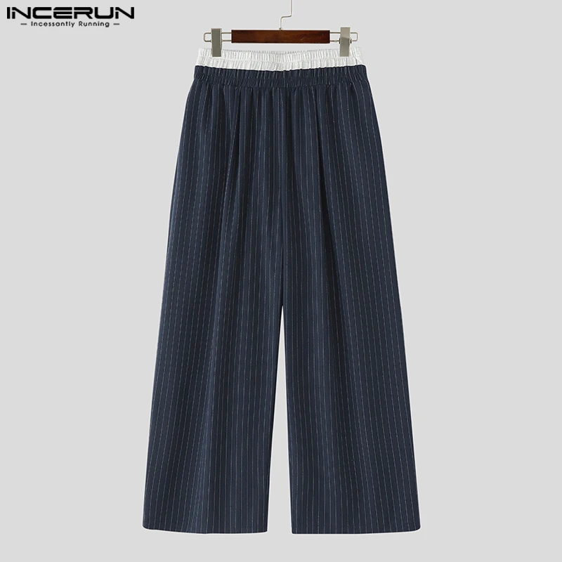 

INCERUN 2025 Men Pants Striped Patchwork Elastic Waist Joggers Loose Straight Trousers Men Streetwear Fashion Casual Long Pants