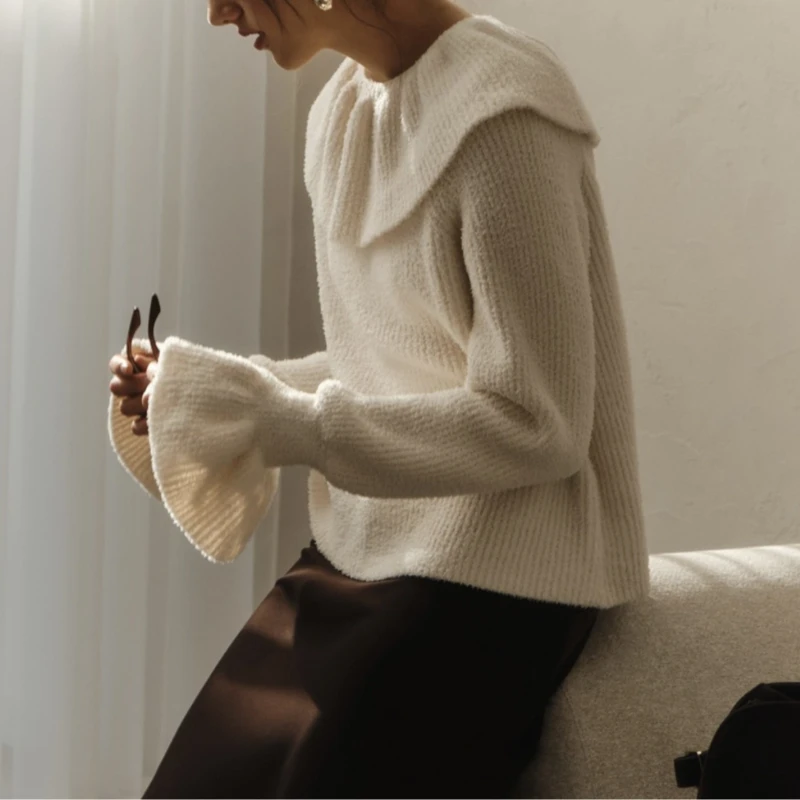 

French Ruffled O Neck Knitted Sweater Women'S Autumn Winter Fashion White Elegant Petal Flare Long Sleeve Pullover Jumper Y2K