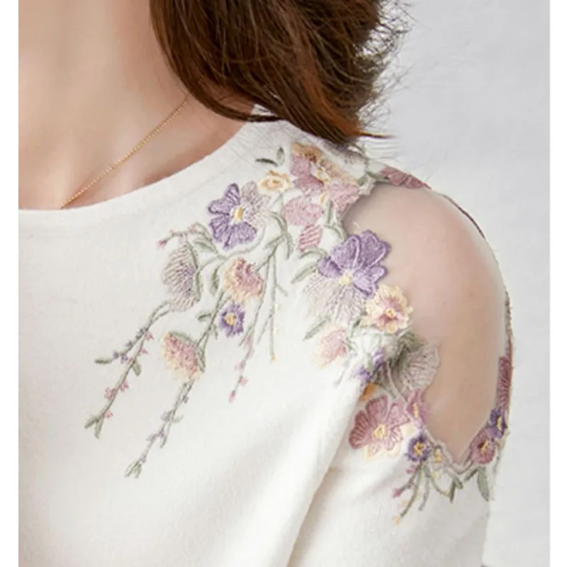 Suéter de punto con bordado de flores para mujer, Jersey informal a la moda, Tops de punto con cuello redondo, jerséis G416 2024