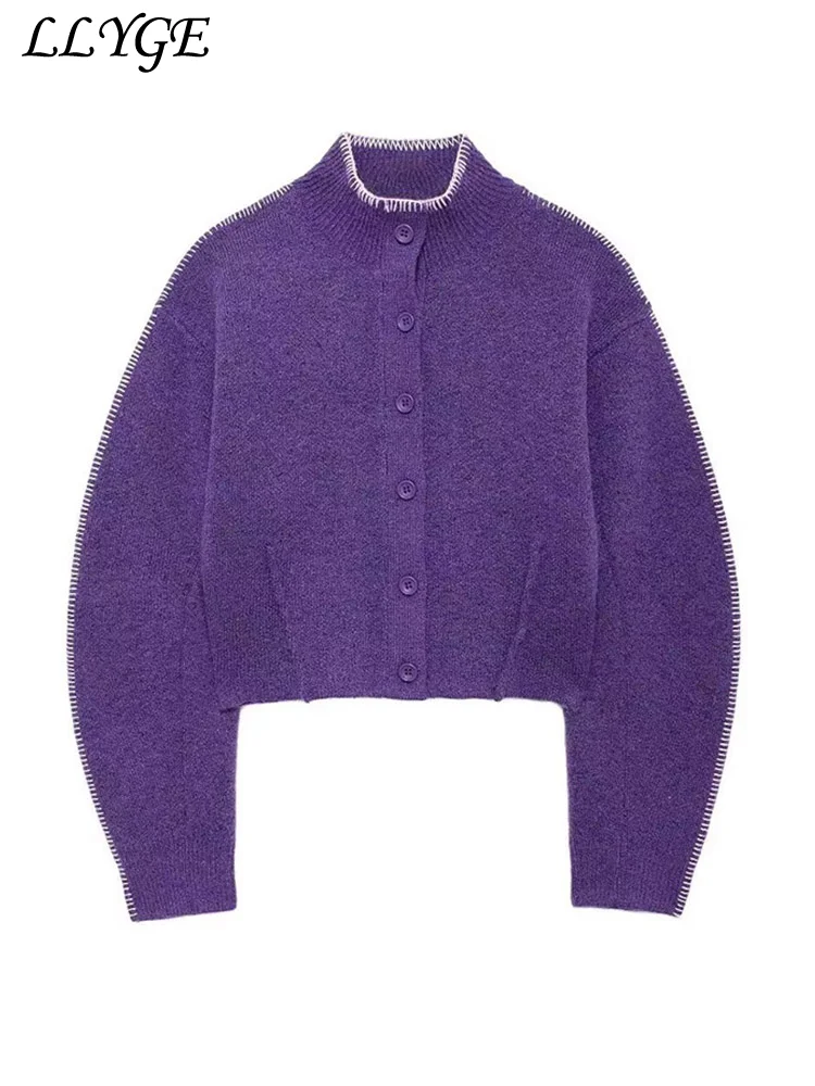 Cardigan court en tricot violet pour femme, col montant, simple boutonnage, pull à manches longues, tricots confortables pour femme, mode de rue, automne, 2024