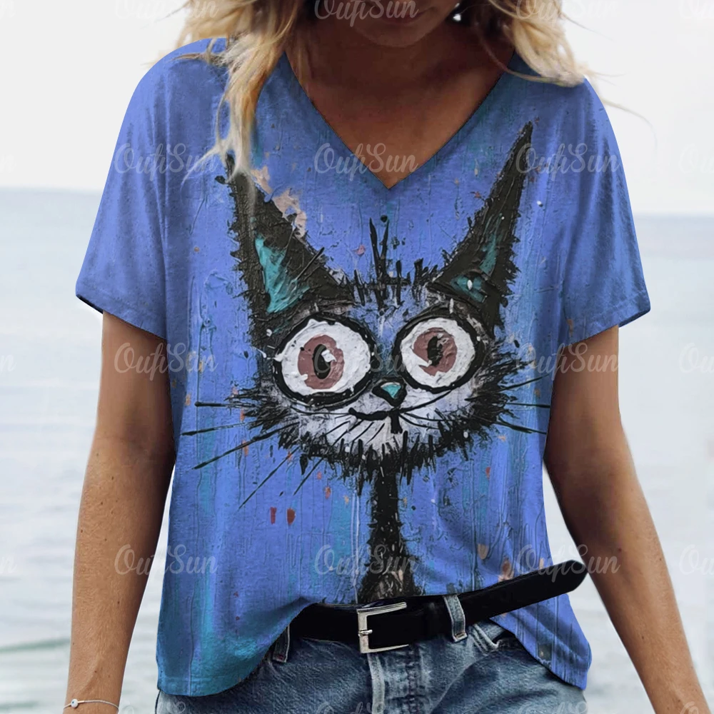 

2024 Vintage Women T-shirt Cartoon Cat Print Plus Size Shirt For Blouse V-Neck Short Sleeve Basic Shirt Top Oversized Summer