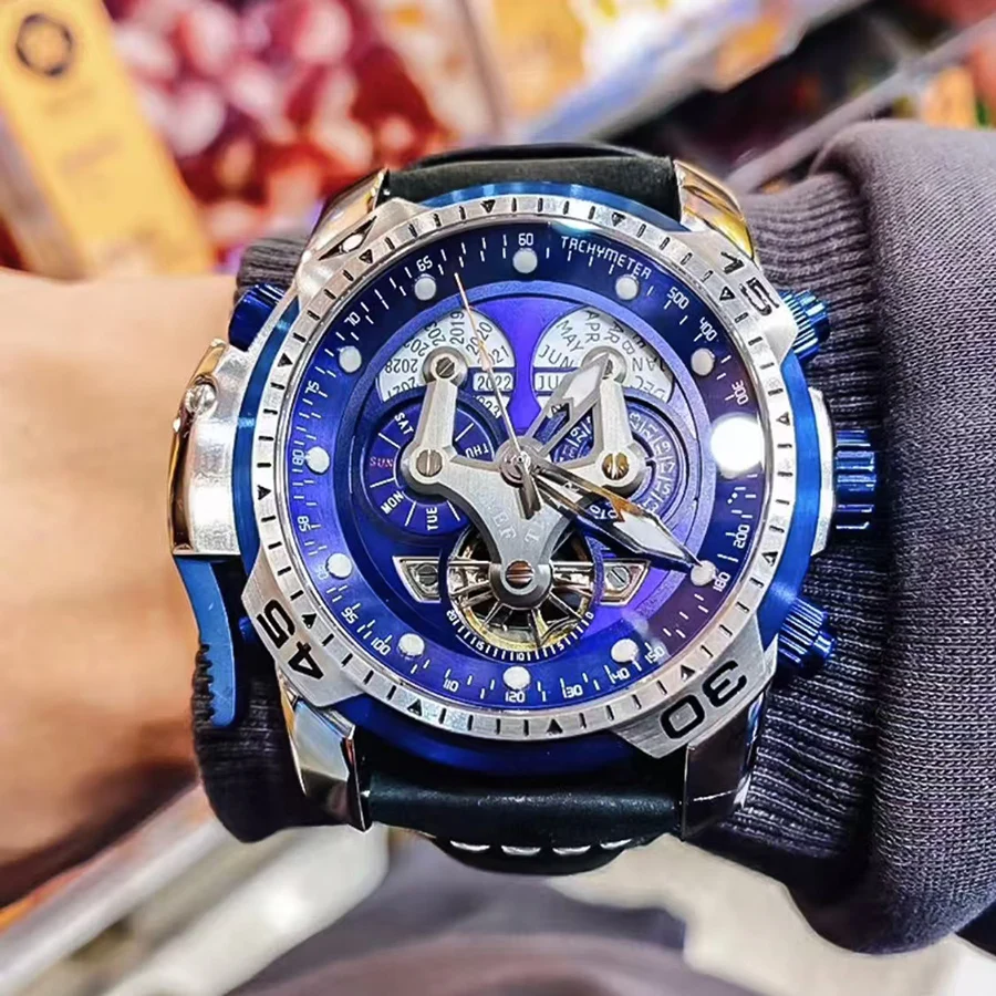 ساعة ميكانيكية للرجال من ريفتايجر، أوتوماتيكية بالكامل متعددة الوظائف بتقويم مزدوج، ساعة رجال الأعمال، ساعة رجالية RGA3503