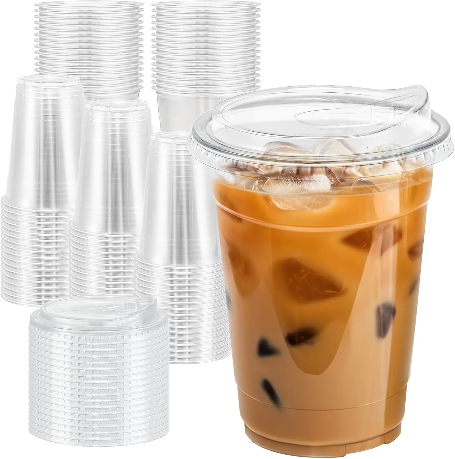 

16 oz Clear Plastic Cups with Lids, 100 Pack Disposable Iced Coffee Smoothie Cups for Cold Drinks