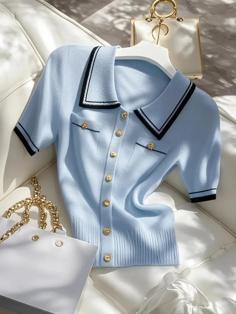blue dress black stockings Decorative Button A-Line Dress
