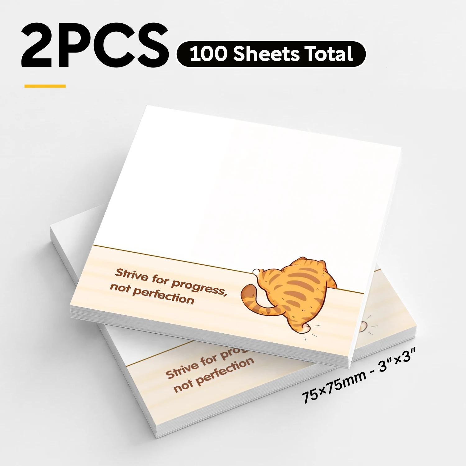2pcs Cute Cat Sticky Notes, 100 Sheets Total Self Stick Memo Pads, Motivational Notepad, Removable Adhesive Note Pads for To Do