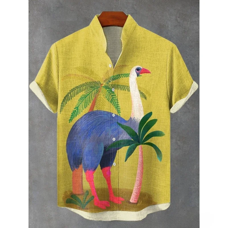 Męska koszula z domieszką lnu Flamingo Flower Art Print Męskie bluzki Letnie koszule ze stójką Hawaiian Top Hipster Hip Hop Streetwear