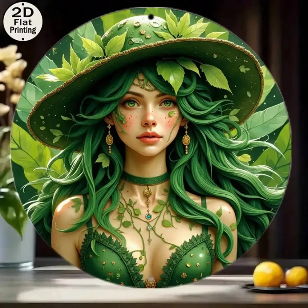 2D Flat High-Definition Metal Wall Art: Fantasy Forest Goddess with Long, Flowing Emerald Green Hair, Wearing a Leaf Sun Hat and Wearing a Veil