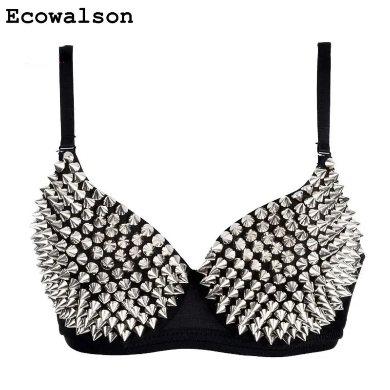 Silver Metallic Rivet Studded Bra Top Sexy Lingerie Bralette Push Up Bra Gothic Punk Rave Bras For Women Underwear Brasier Mujer