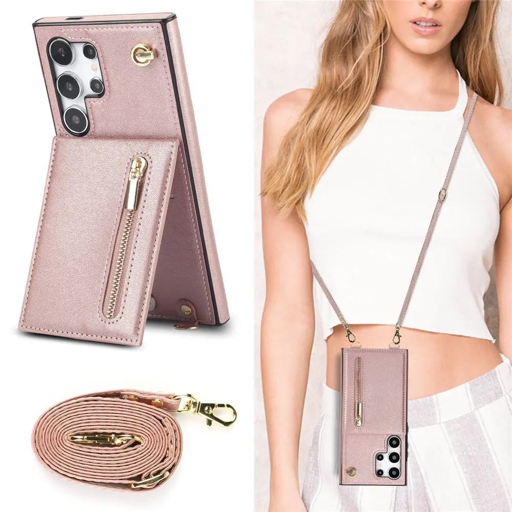 

Чехол-кошелек на молнии через плечо для Samsung Galaxy S26 S25 S24 Ultra S23 Plus S24FE S22 S21 S20 Note 20 с держателем для карт и ремешком