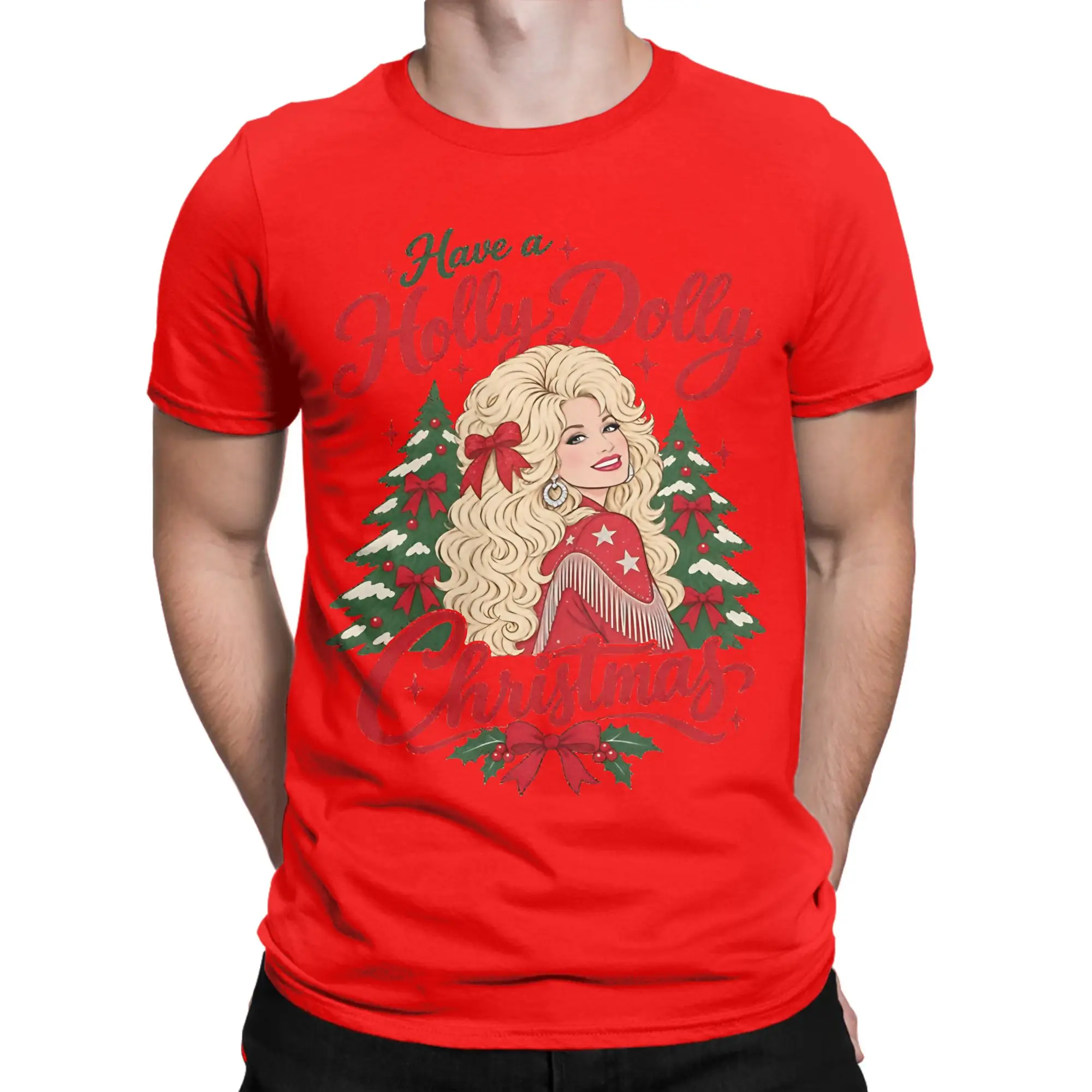 Have A Holly Dollys Partons Christmas Country Music T-Shirts for Men 100% Cotton Tee Shirt Crew Neck T Shirts Summer Clothing