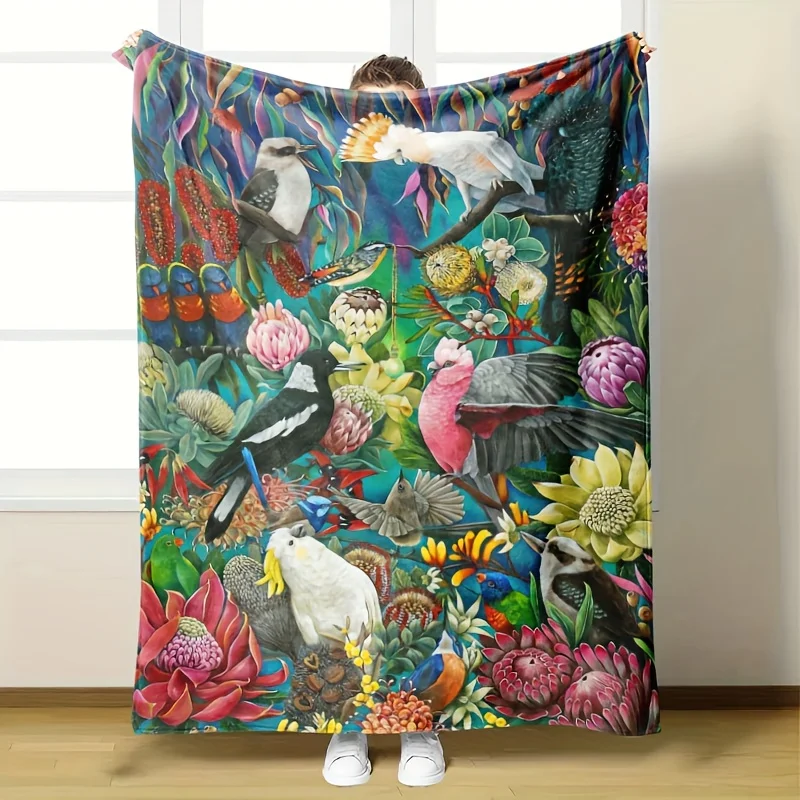 Stacked Aussie Cockatoo Magpie Wild Floral Teal Base Print Blanket, Light Flannel Throw For Couch Room, Wild Bird Daily Blanket