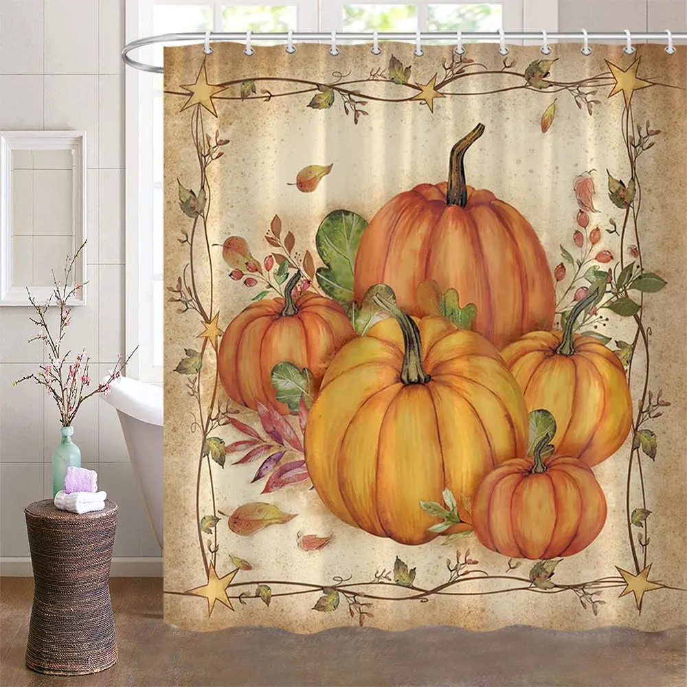 Fall Shower Curtains for Bathroom Autumn Pumpkin Harvest Farmhouse Thanksgiving Halloween Shower Bath With Hooks Bathroom Decor