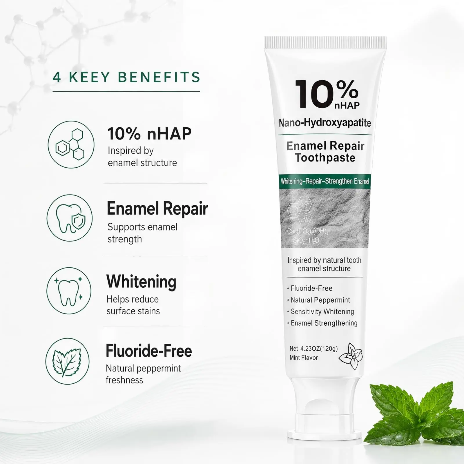 10% Nano Hydroxyapatite Toothpaste, Fluoride Free Toothpaste for Sensitive Teeth, Helps Strengthen Enamel