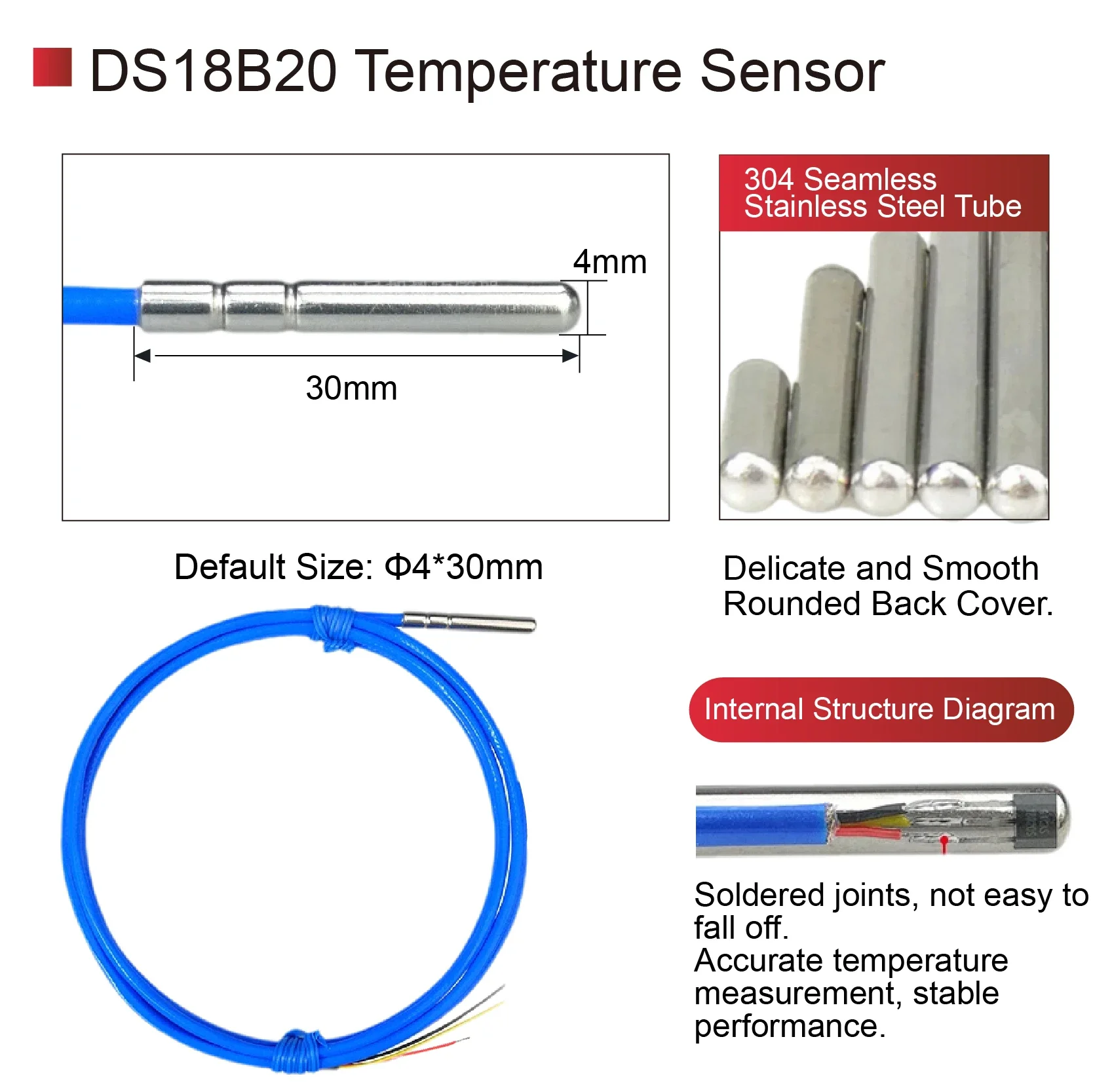DS18B20 Stainless Steel Temperature Probe Digital Waterproof Sensor for Industrial Oilproof & High Precision Measurement