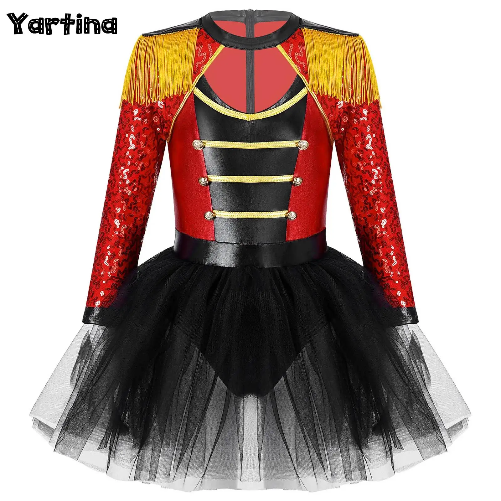 

Kids Girls Magician Circus Ringmaster Stage Garment Cosplay Costume Long Sleeve Sequin Tassel Epaulet Tutu Skirt Built-in Brief