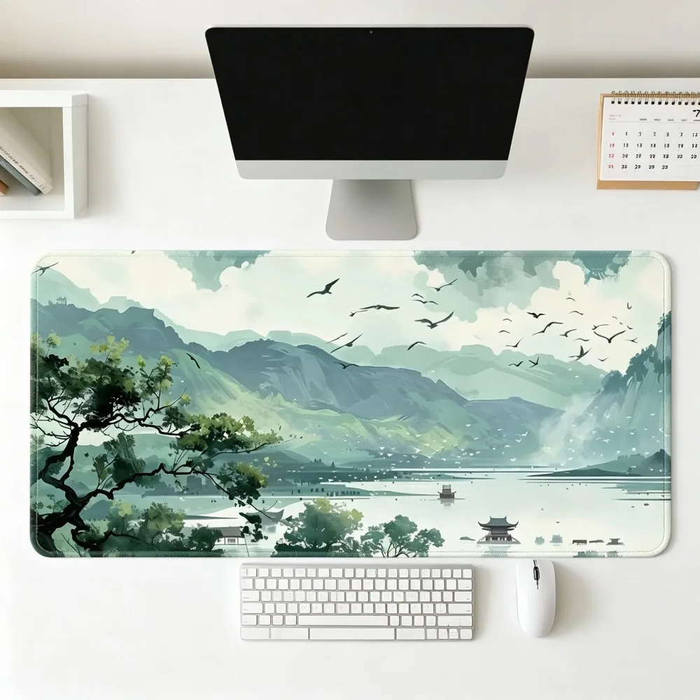 Green Lake Mountain Ancient Pavilion Gaming Mouse Pad, Made of Premium Micro Woven Fabric, Features Reinforced Stitched Edges