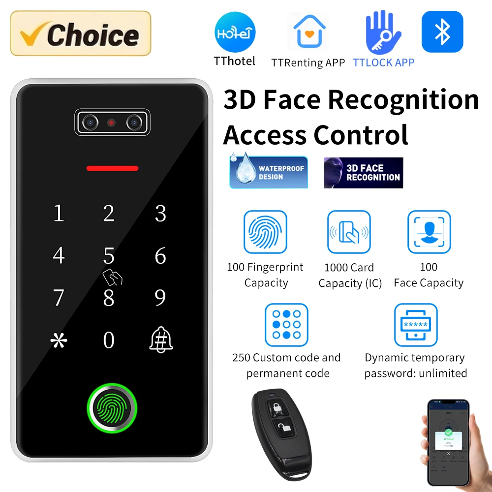 TTLock 얼굴 인식 접근 제어 RFID 카드 리더, 생체 인식 지문 잠금 오프너 앱, 문짝 출입 시스템, IP67 방수 