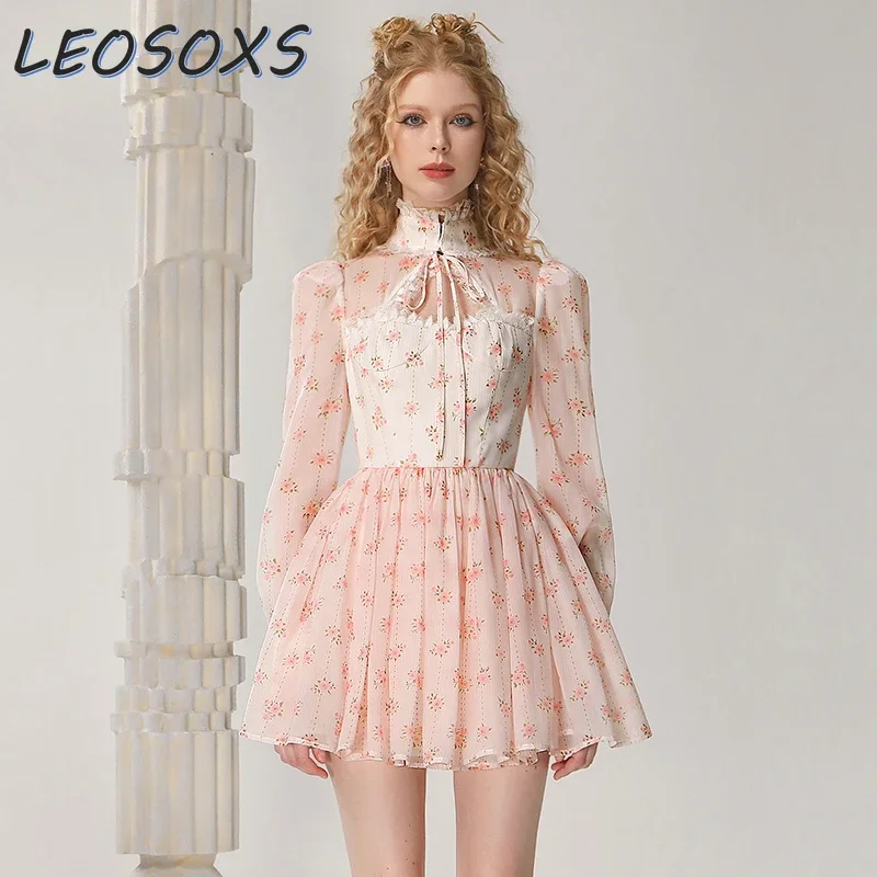 LEOSOXS Designer Girl Floral Hollow Stand-up Collar Long-sleeved Dress Women\'s 2024 Early Autumn Organza Light Pink Midi Dress