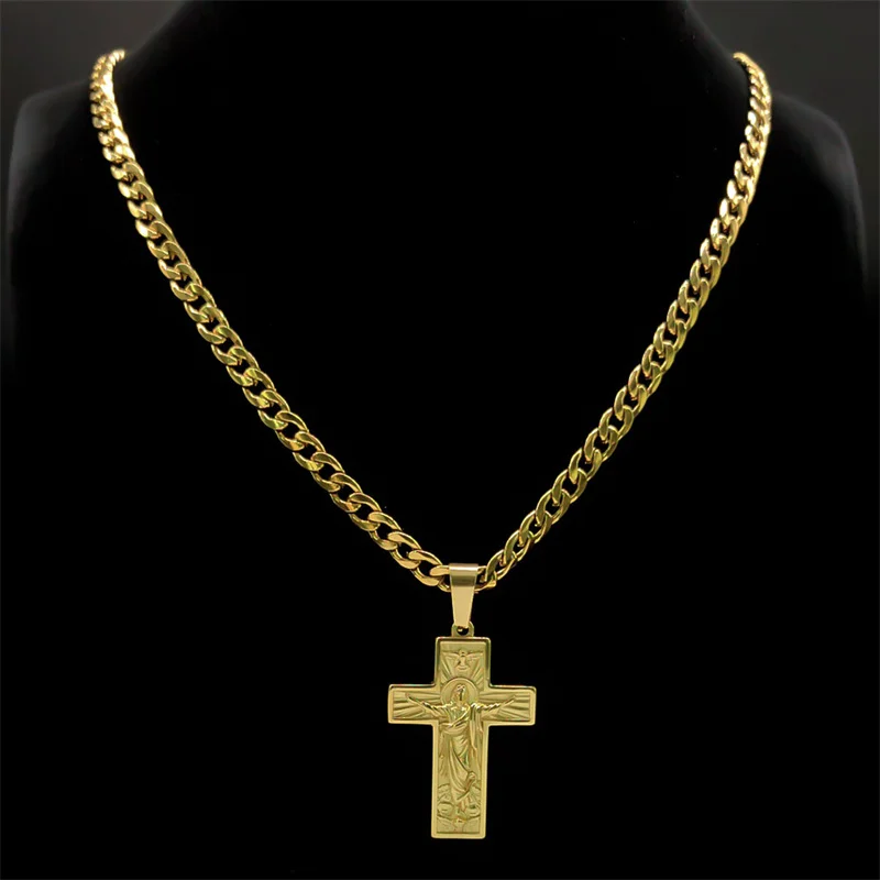 Stainless Steel Cross Jesus Pendant Necklace for Men Gold Color Hip Hop Cuban Chain Religious Crucifix Necklaces Jewelry NZZ470S