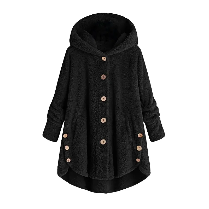 Autumn Coat Women Warm Home-based Single Breasted Coat Female Plush Medium Length Loose Hooded Jacket Simple Solid Color Jacket