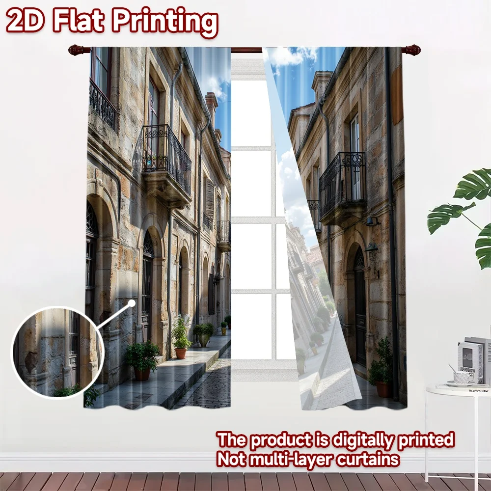 2D flat 2pcs Curtain Modern Minimalist Style Old Stone Street Digitally printed polyester, colorfast Holiday Decorations Perfect