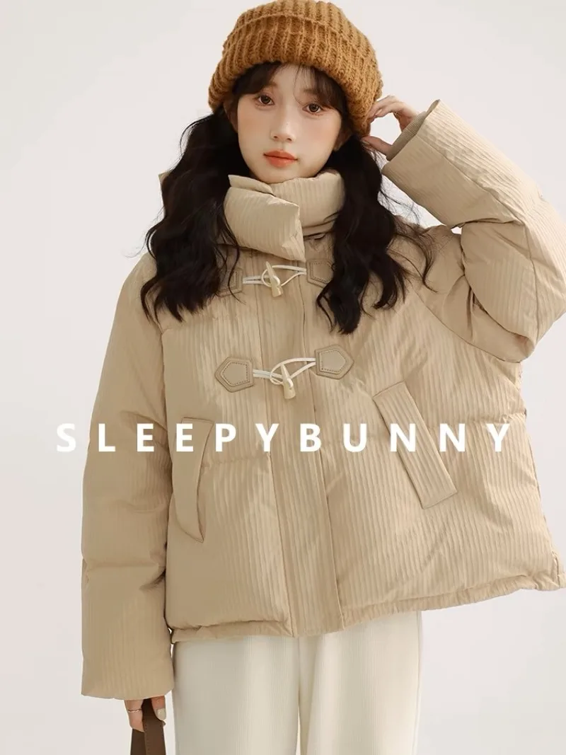 Korean Fashion Waffle Short Hooded Cotton Jacket 2024 Women's Winter New Style Solid Color Thick Parkas Female Clothing