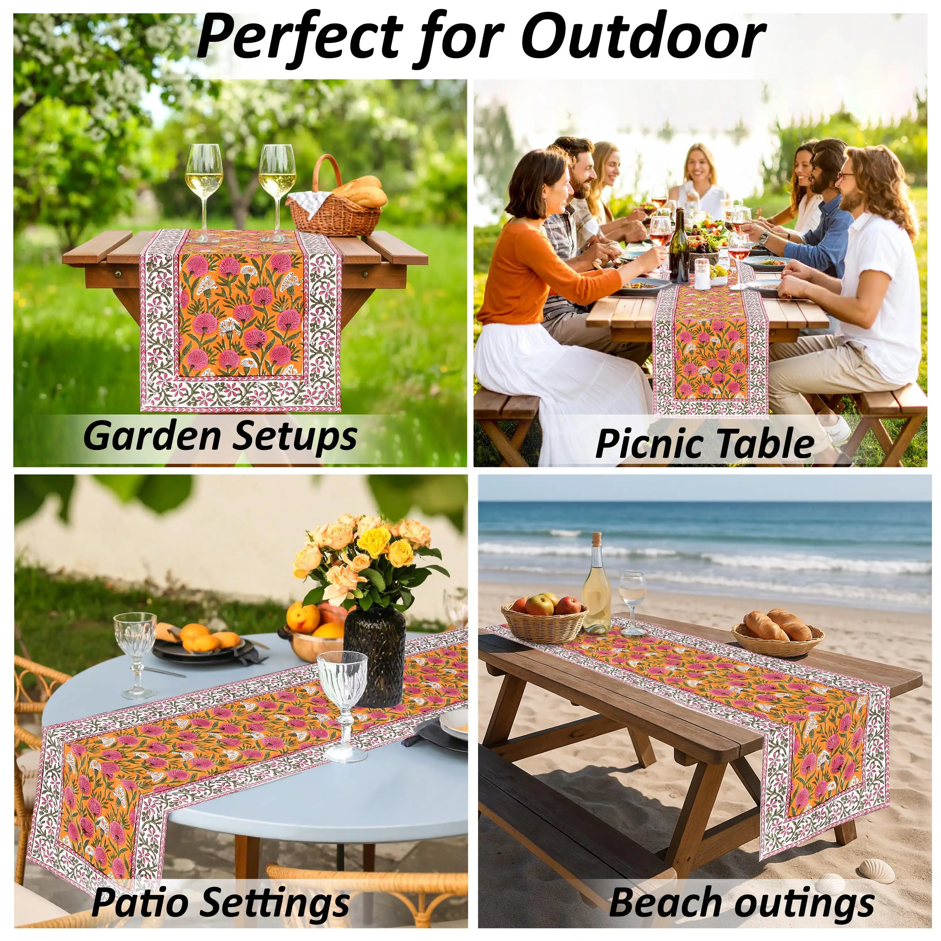 JIT Boho Indian Hand Block Printed Table Runner - Tangerine Orange Cotton, Reusable for Weddings, Kitchen Styling & Home Decor
