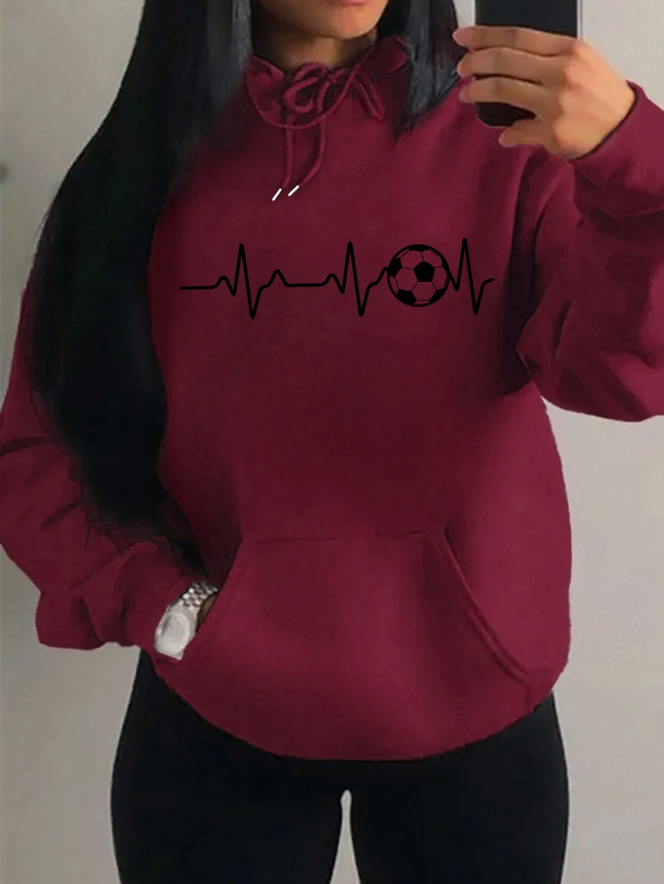 Sudadera con capucha para mujer con diseño de personalidad de electrocardiograma de fútbol, ropa de calle Harajuku, sudadera cálida de lana, sudaderas con capucha de otoño para mujer