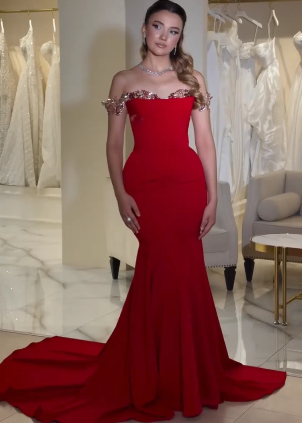 

Customized Exquisite Jersey Pleat Sequined Trumpet Off-the-shoulder Long Dresses Bespoke Occasion Celebrity Elegant