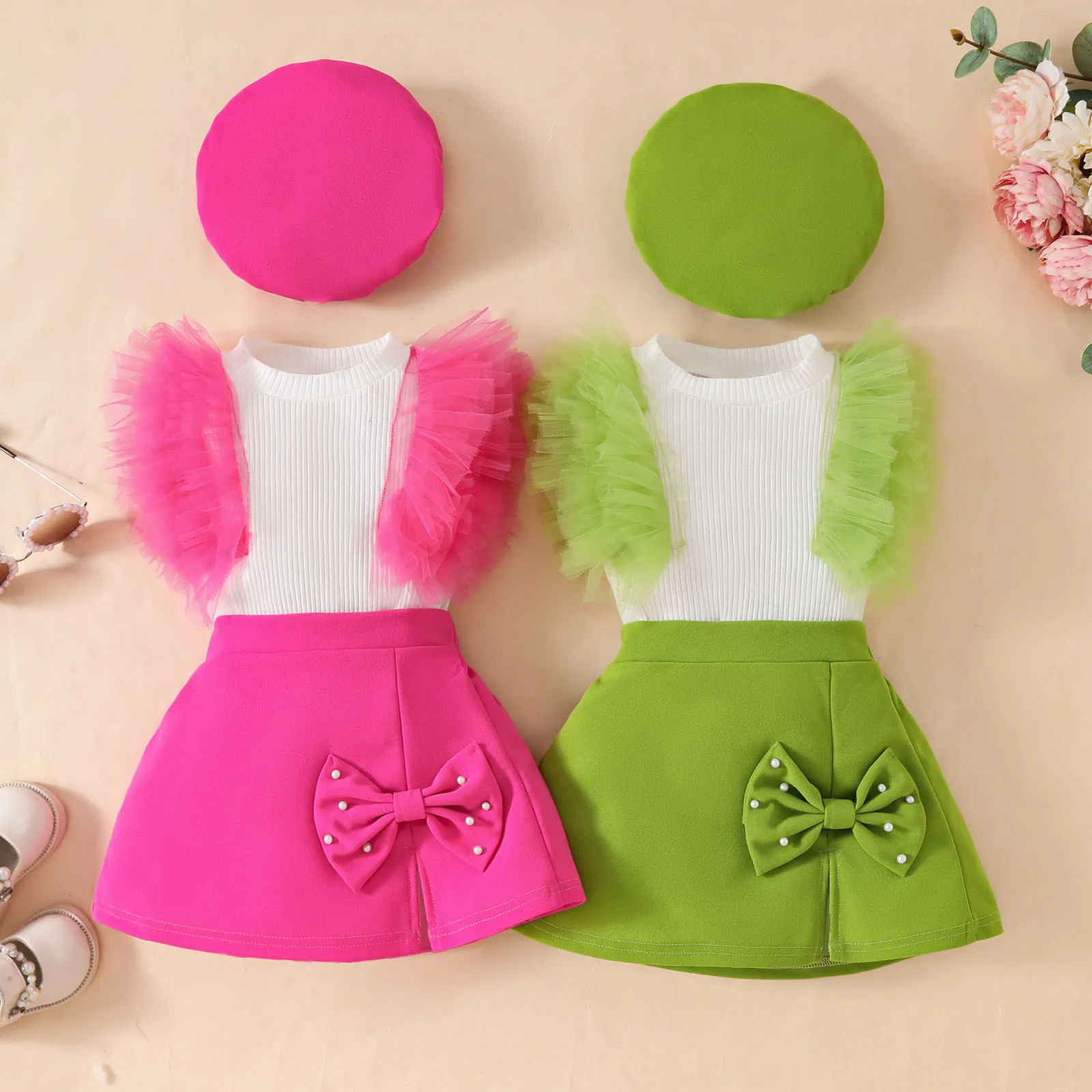 0-3Years-Old Baby Girls Clothes Set 2025 Summer Toddler Outfit Sleeveless Mesh Top+Bow Skirt+Beret 3Pcs Set Cute Infant Suits