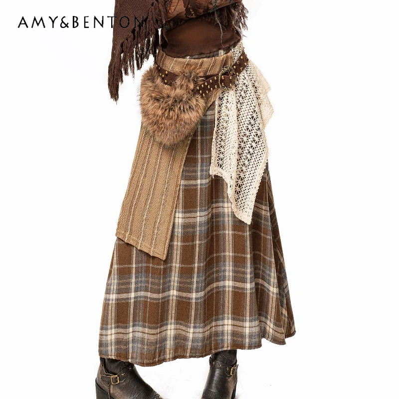 

2025 Autumn Winter New Knitted Women's Half Skirt American Retro Heavy Fashiion Craft Irregular Splicing Plaid Skirts Ladies