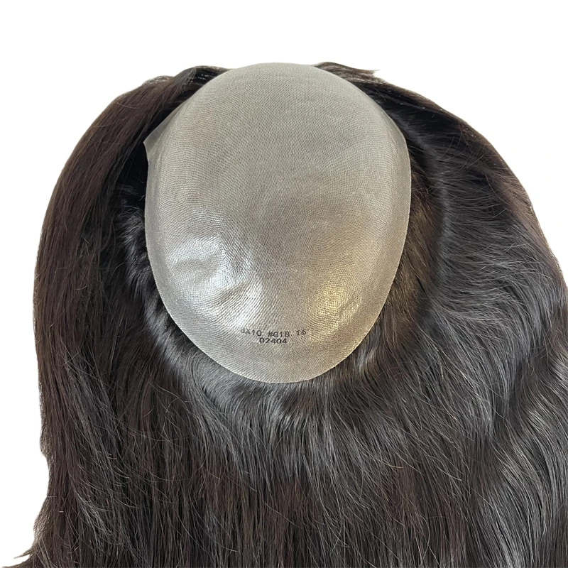 16 inches Malaysian Virgin Human Systems 1b# Black Color Knots  PU Toupee 8x10 Skin Units for Woman