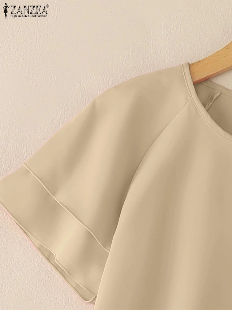 

2025 женские летние топы-туники ZANZEA, элегантная однотонная рабочая блузка OL, повседневная блузка с круглым вырезом и коротким рукавом, стильная праздничная рубашка Mujer