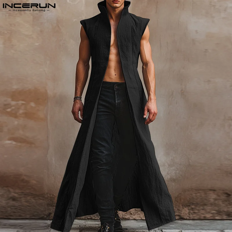 INCERUN Men Long Style Shirts Solid Stand Collar Sleeveless Casual Male Cardigan Streetwear 2025 Fashion Open Stitch Outerwear
