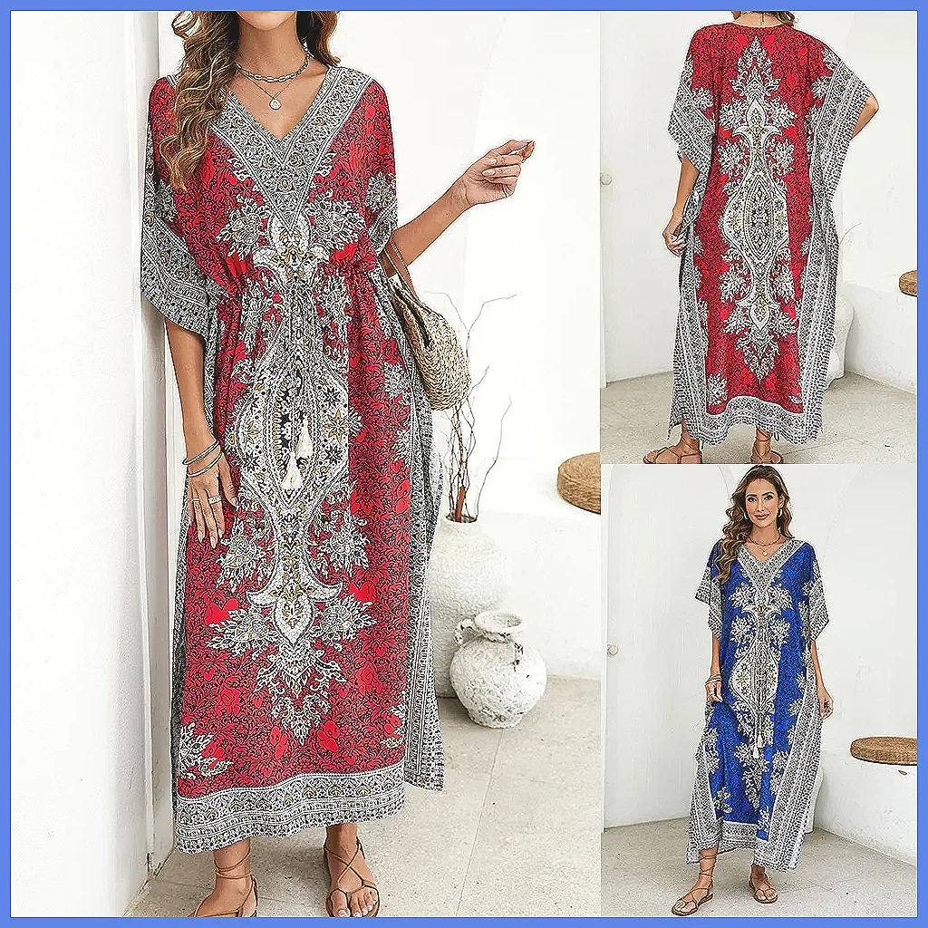 Abito Copricostume Bohemien Lungo con Scollo a V, Vestito Ampio Protettivo Solare da Donna