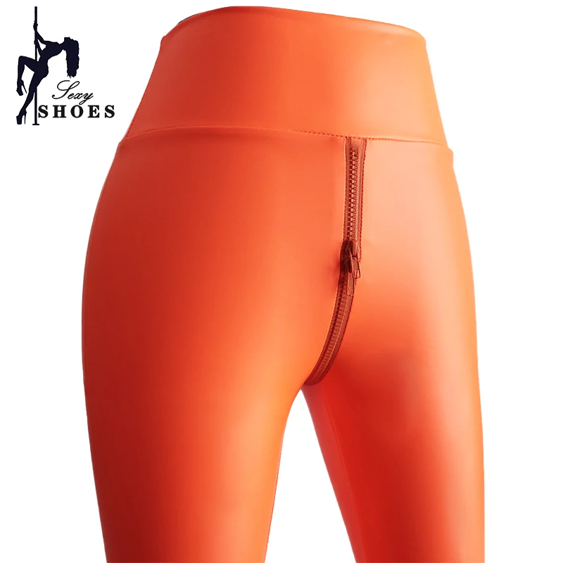 Mallas ajustadas de cintura alta para mujer, pantalones pitillo elásticos de cuero PU, con doble cremallera y entrepierna abierta, para club nocturno