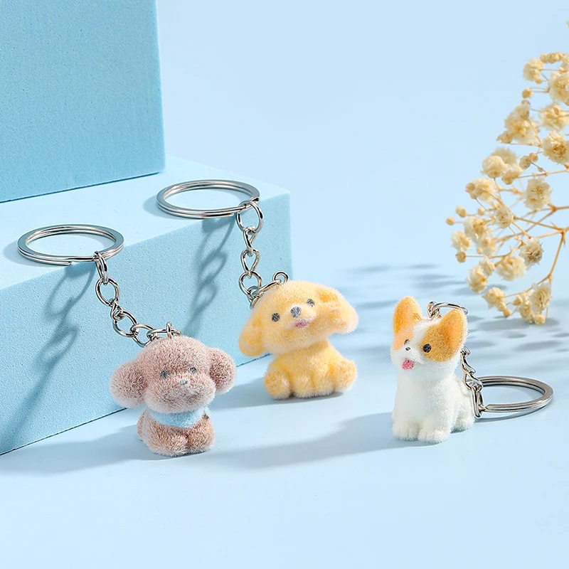 Kawaii Flocking Resin Dog Keychain Cartoon Puppy Phone Pendant Headphone Case Charm Table Decoration Birthday Party Gift