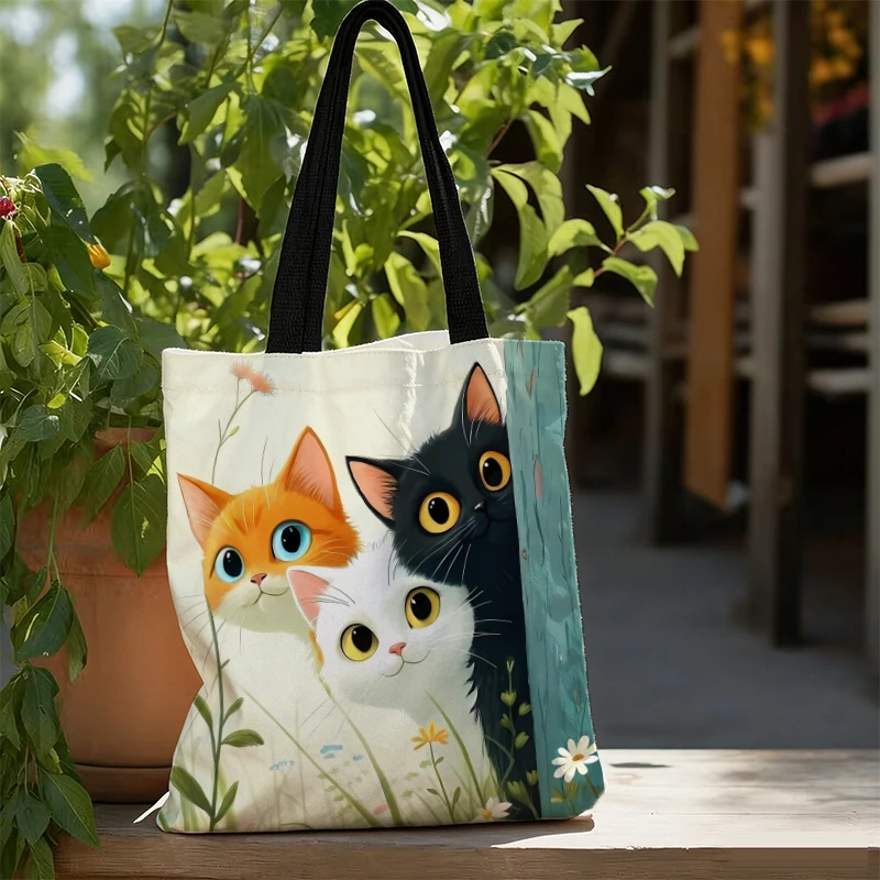 Cute Cat Print Canvas Shopping Bags Cartoon High Capacity Handbag for Women Daily Commuting Totes Reusable Student Shoulder Bag
