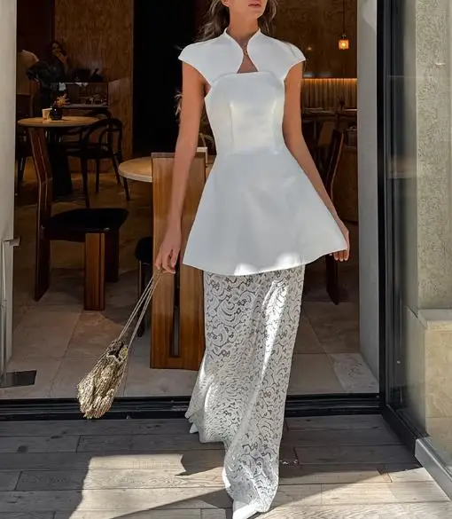

Two Piece Set Women Outfit 2026 Spring Summer New Stand Collar Slim Fit Hollow Back Top & High Waist White Lace Long Skirt Set