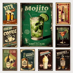 Retro Drink Cocktail Poster Vintage Advertisement Martini Beer Whiskey Coffee Canvas Painting Wall Art for Bar Room Home Decor