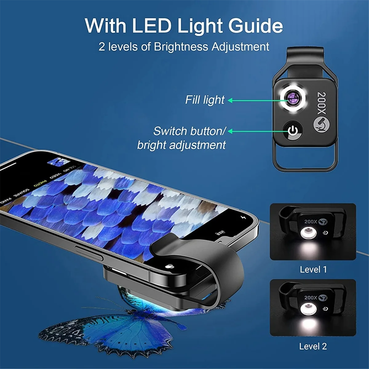 

200X Magnification Microscope Lens Mobile LED Light Micro-Type Pocket Macro Lens for Ios Android All Smartphones,Black