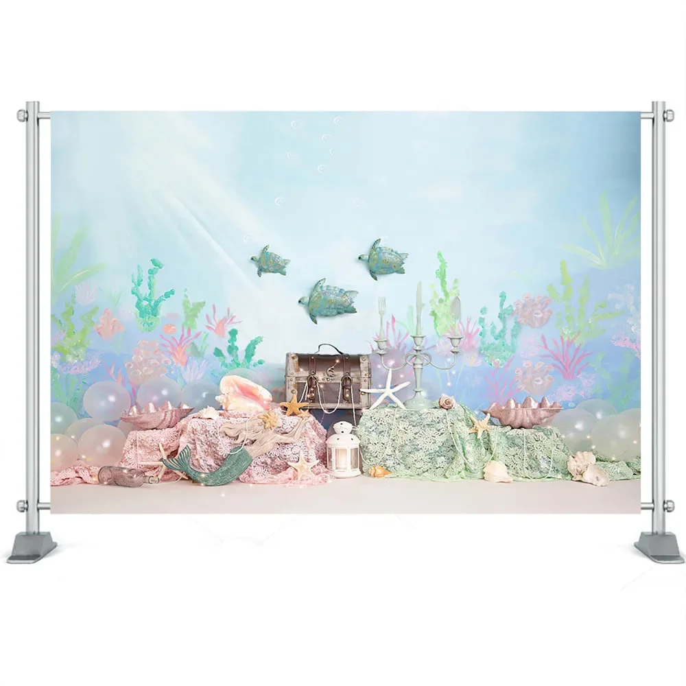 كعكة سحق الاطفال حورية البحر خلفيات للتصوير الفوتوغرافي 1st حفلة عيد ميلاد خلفية تحت سطح البحر موضوع طفلة الطفل صور استوديو الصور