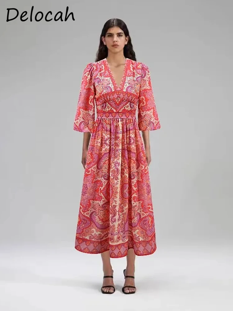 

Delocah High Quality Autumn Women Fashion Designer Midi Dress Half Sleeve Bow Belt Multicolor Print Vintage Style A-Line Dresses