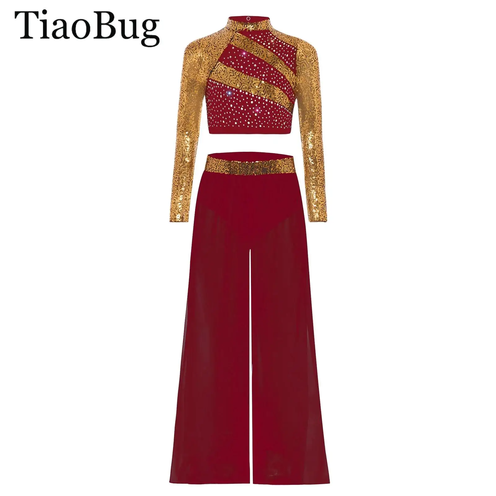 

Girls Modern Lyrical Dance Set Ballet Jazz Dance Costume Long Sleeve Sequin Crop Tops And Chiffon Wide-Leg Side Slit Dance Pants