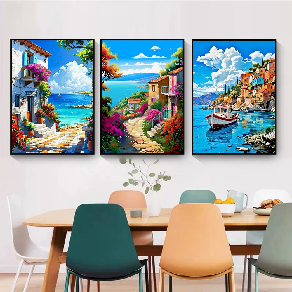 Bellissimo paesaggio mare città poster e stampe paesaggio naturale cielo blu fiore soggiorno camera da letto decorazione della parete arte