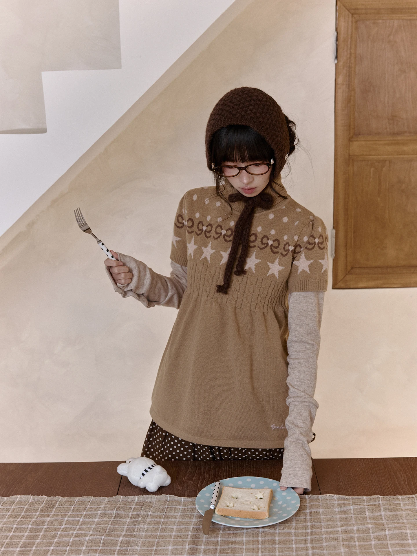 

Kyouko Forest System f High Collar Knitted Sweater with Dot Pattern Underlay Top And Skirt Set Women's Thi Winter Faion