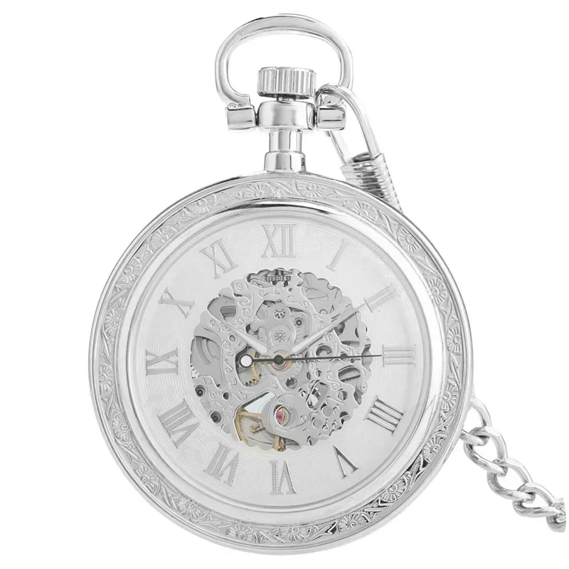 Vintage Style Silver Skeleton Pocket Watch Automatic Mechanical Roman Numeral Display with Luminous Hands Vintage Gift for Men